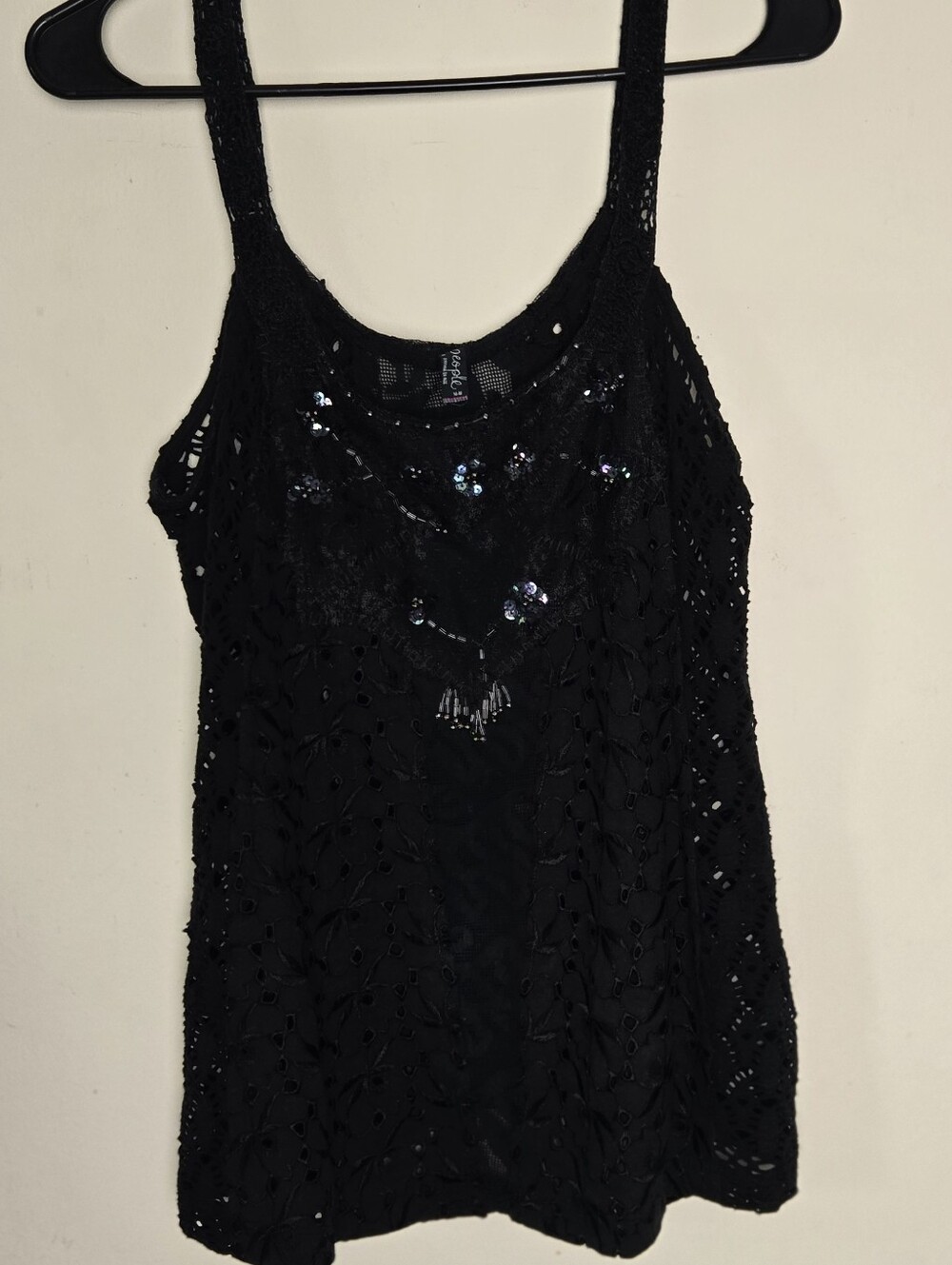 Free People Whimsigoth Mystical Black Sequin Lace Camisole Tank Beaded Eyelet